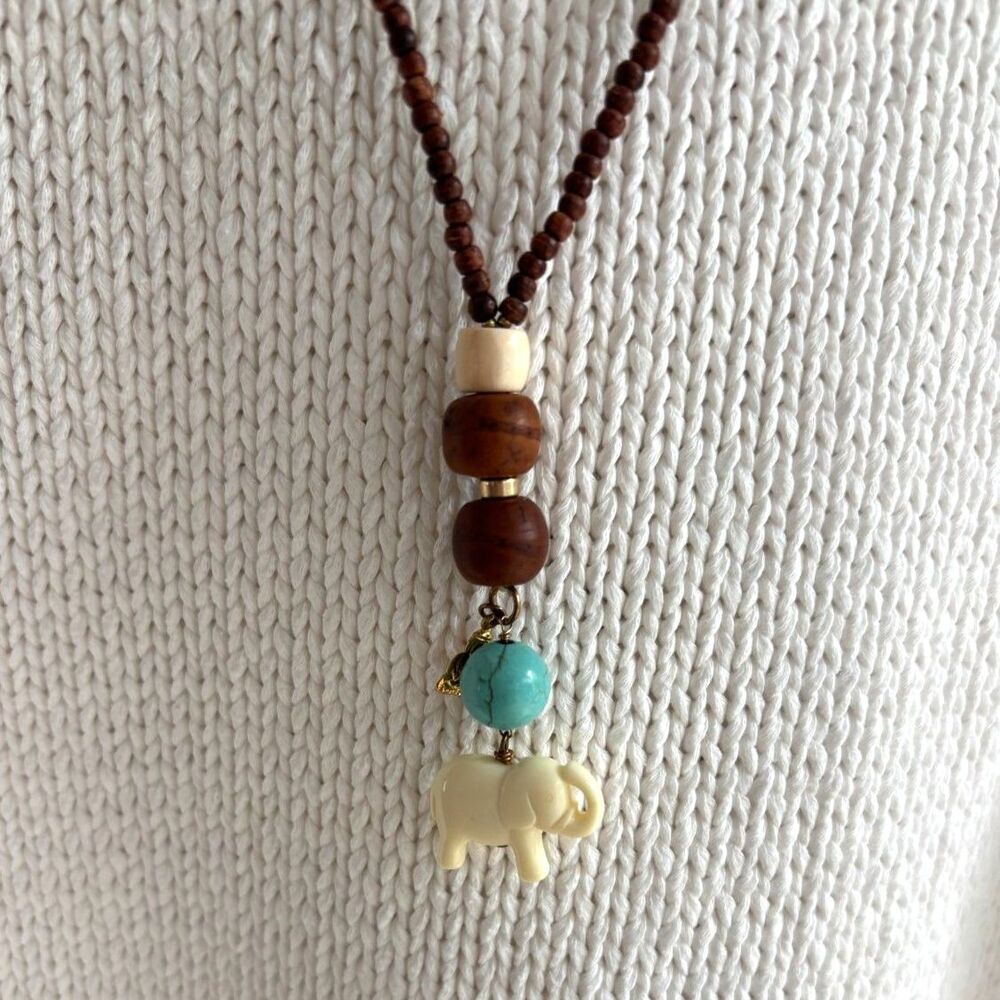 Boho Wood Beaded Necklace Elephant Buddha Charms Gold